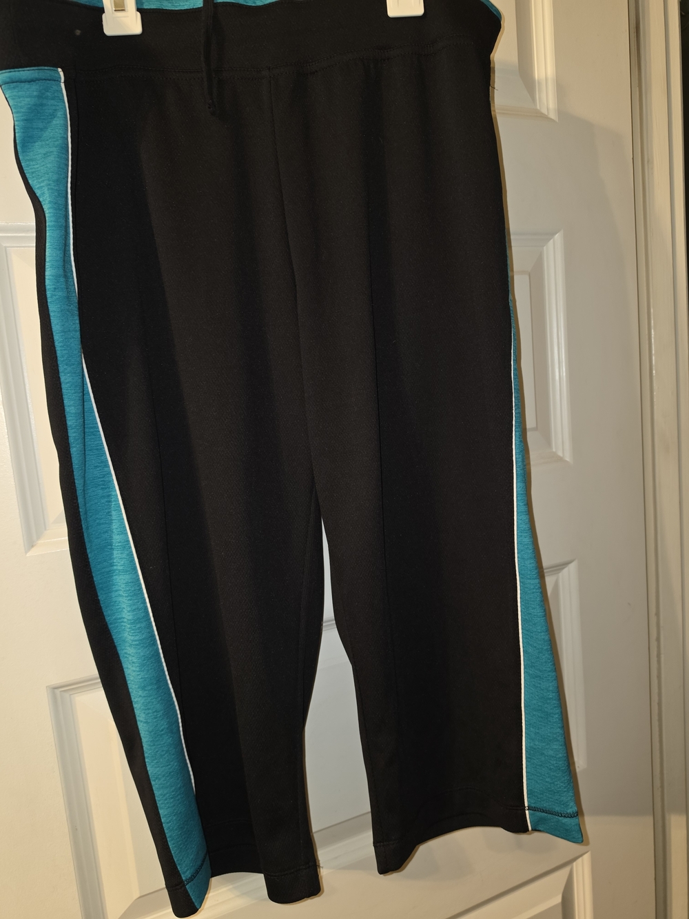 made for life Black Capri Pants with Teal Side Panels and White Piping